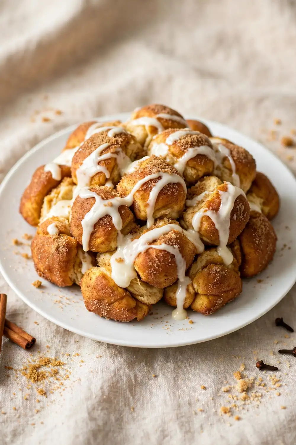 Vertical 2:3 portrait food photograph of pumpkin spice monkey bread on a white plate, golden pull-apart dough balls with pumpkin spice sugar and cream cheese drizzle, the plate centered occupying the center 60 percent of the frame with balanced empty space around it, realistic serving and plate proportions, single focal point, warm natural light, photorealistic, no text