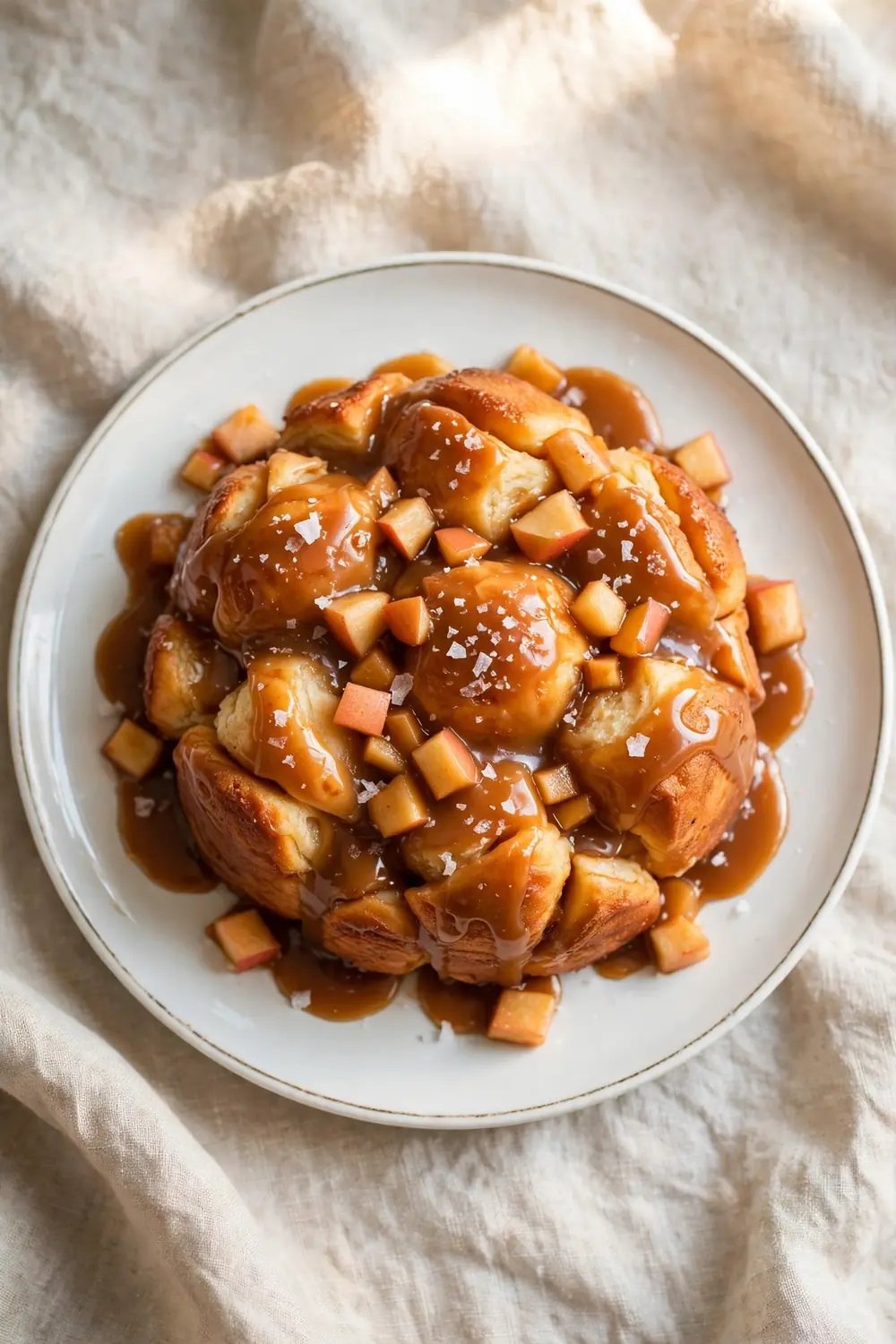 Vertical 2:3 portrait food photograph of salted caramel apple monkey bread on a white plate, golden pull-apart dough balls with diced apples, salted caramel sauce and flaky salt, the plate centered occupying the center 60 percent of the frame with balanced empty space around it, realistic serving and plate proportions, single focal point, warm natural light, photorealistic, no text