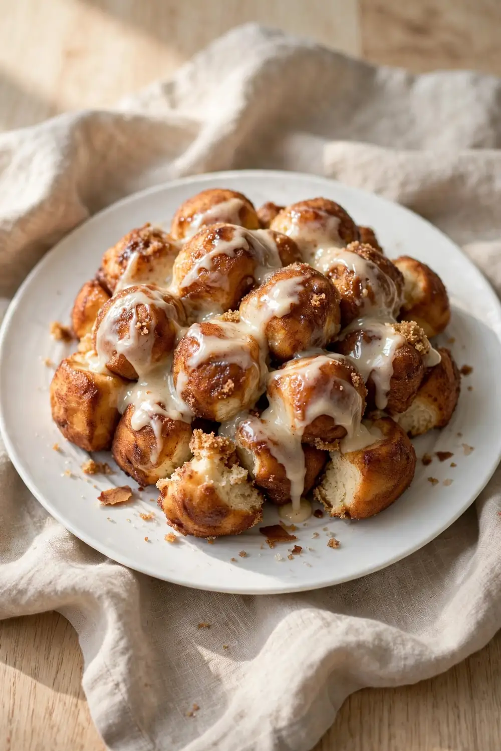 Vertical 2:3 portrait food photograph of cinnamon roll style monkey bread on a white plate, golden pull-apart dough balls with brown sugar cinnamon coating and melted cream cheese frosting, the plate centered occupying the center 60 percent of the frame with balanced empty space around it, realistic serving and plate proportions, single focal point, warm natural light, photorealistic, no text