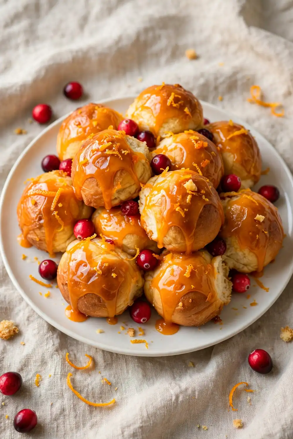 Vertical 2:3 portrait food photograph of orange cranberry monkey bread on a white plate, golden pull-apart dough balls with ruby cranberries and orange glaze, the plate centered occupying the center 60 percent of the frame with balanced empty space around it, realistic serving and plate proportions, single focal point, warm natural light, photorealistic, no text