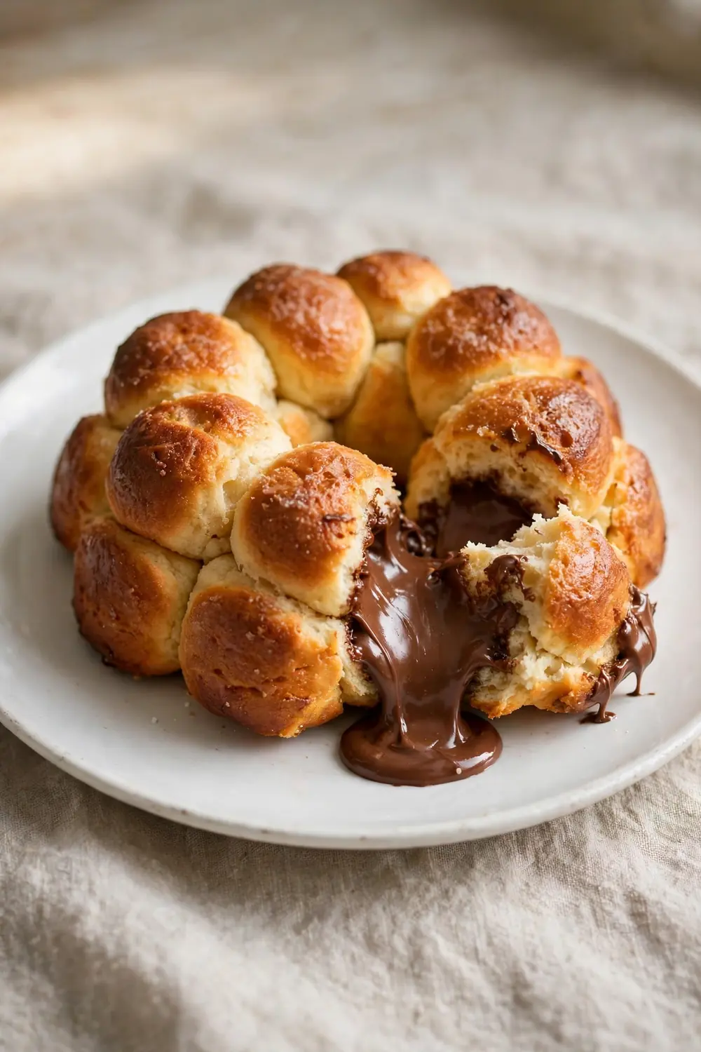 Vertical 2:3 portrait food photograph of Nutella stuffed monkey bread on a white plate, golden pull-apart dough balls with molten chocolate hazelnut centers oozing from one torn piece, the plate centered occupying the center 60 percent of the frame with balanced empty space around it, realistic serving and plate proportions, single focal point, warm natural light, photorealistic, no text