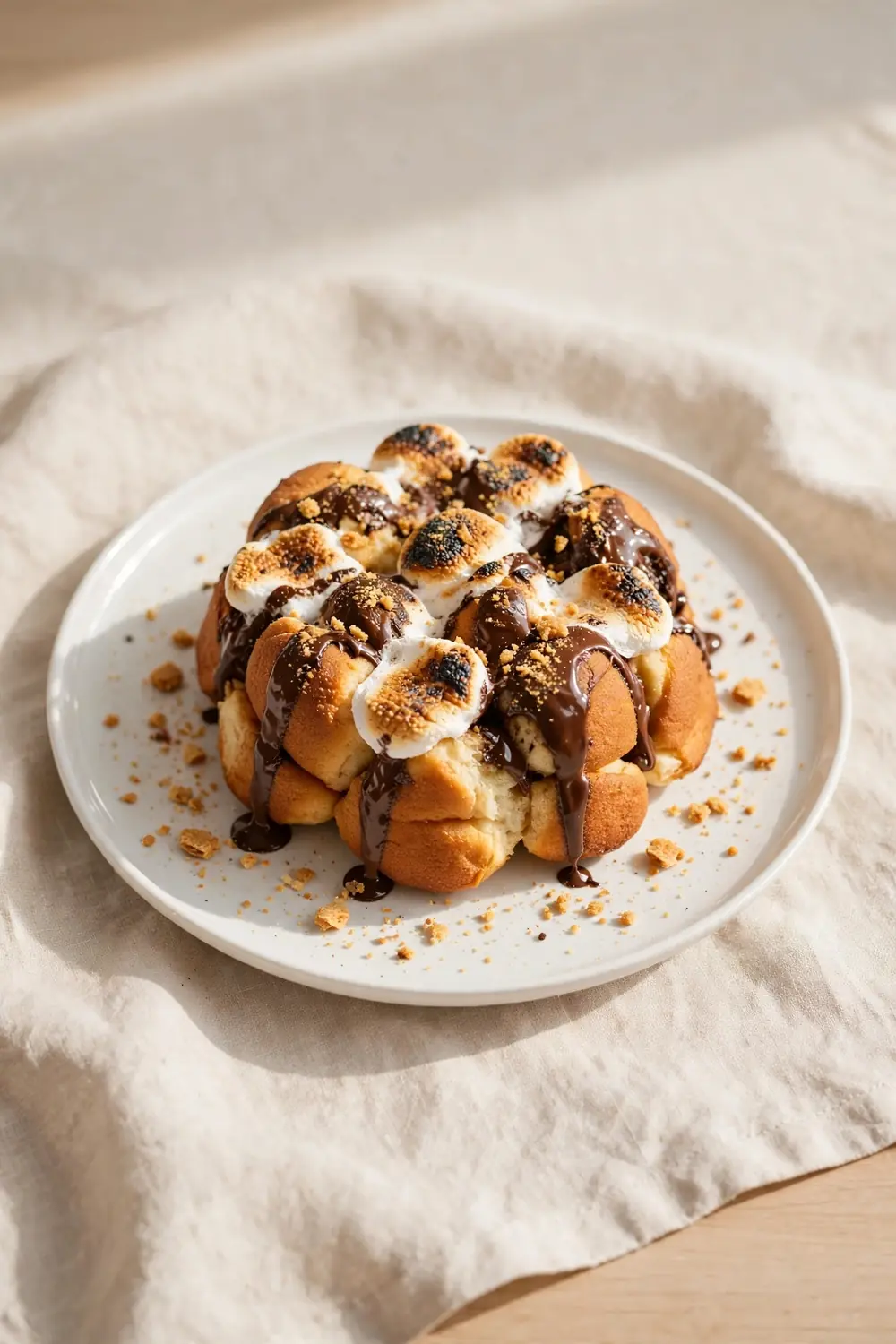 Vertical 2:3 portrait food photograph of smores monkey bread on a white plate, golden pull-apart dough balls with toasted marshmallows, melted chocolate and graham cracker crumbs, the plate centered occupying the center 60 percent of the frame with balanced empty space around it, realistic serving and plate proportions, single focal point, warm natural light, photorealistic, no text