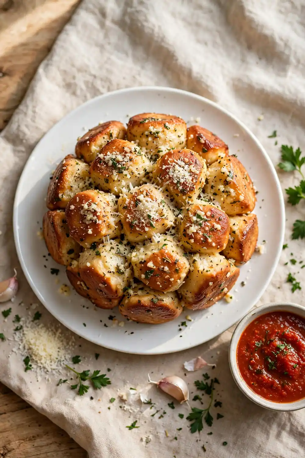 Vertical 2:3 portrait food photograph of savory garlic parmesan monkey bread on a white plate, golden pull-apart dough balls with garlic butter, grated parmesan and Italian herbs, small bowl of marinara beside it, the plate centered occupying the center 60 percent of the frame with balanced empty space around it, realistic serving and plate proportions, single focal point, warm natural light, photorealistic, no text