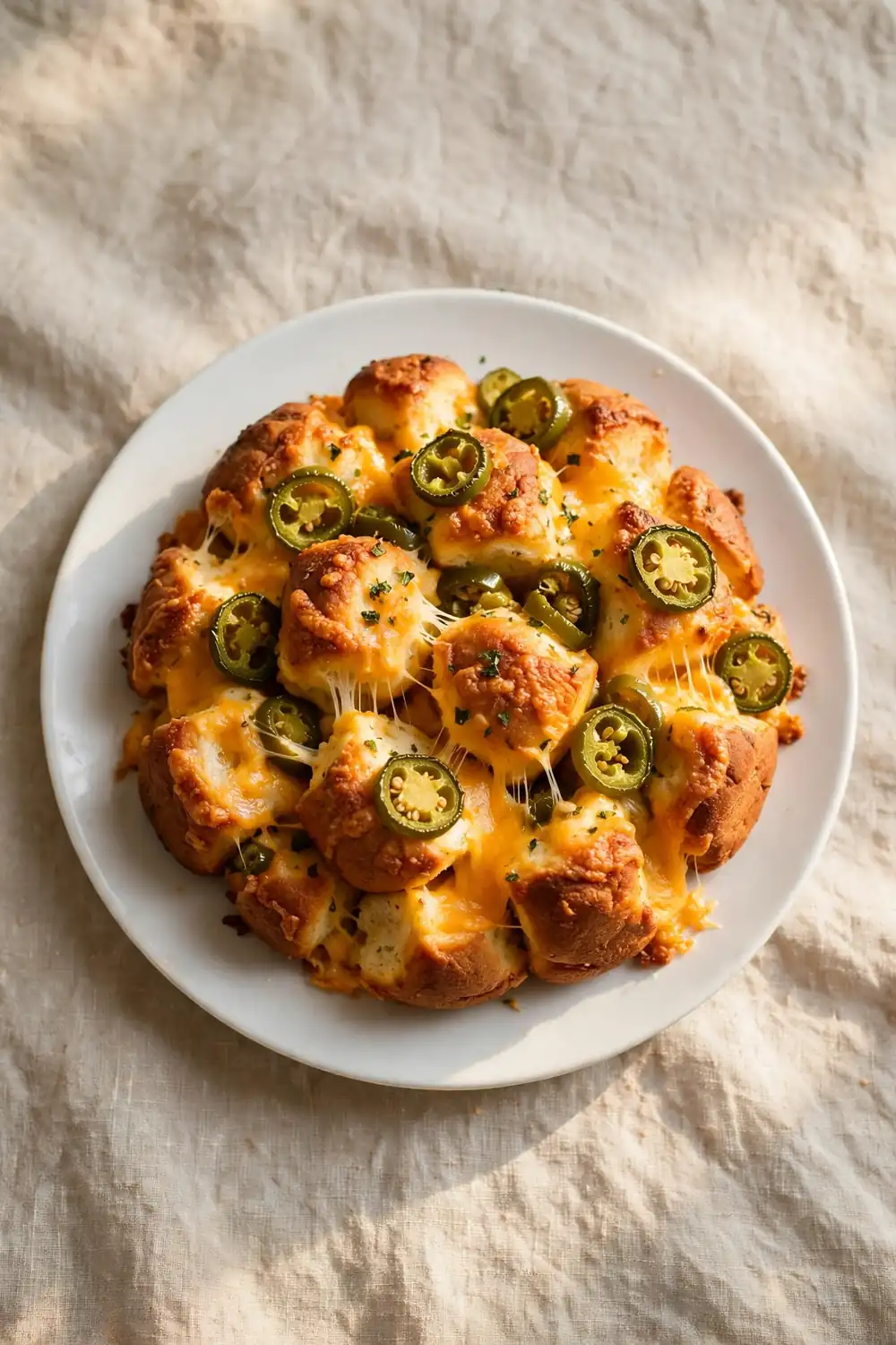 Vertical 2:3 portrait food photograph of cheesy jalapeno monkey bread on a white plate, golden pull-apart dough balls with melted cheddar cheese and sliced jalapenos, the plate centered occupying the center 60 percent of the frame with balanced empty space around it, realistic serving and plate proportions, single focal point, warm natural light, photorealistic, no text