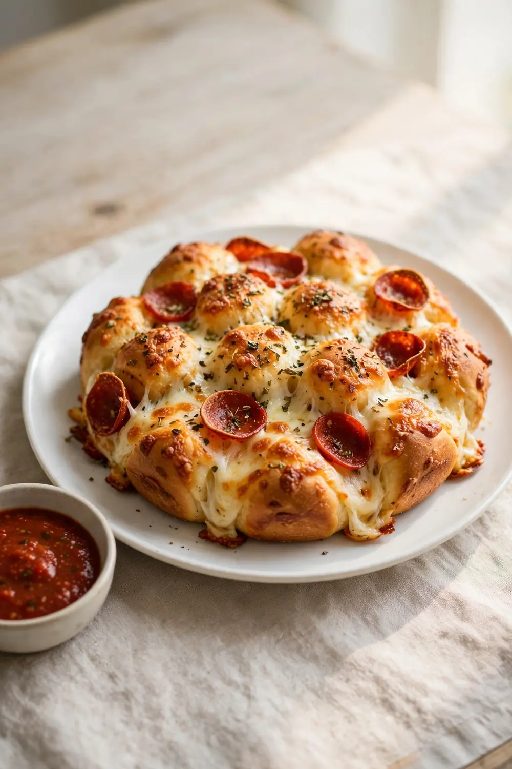 Vertical 2:3 portrait food photograph of pizza monkey bread on a white plate, golden pull-apart dough balls with melted mozzarella, pepperoni and Italian seasoning, small bowl of pizza sauce beside it, the plate centered occupying the center 60 percent of the frame with balanced empty space around it, realistic serving and plate proportions, single focal point, warm natural light, photorealistic, no text