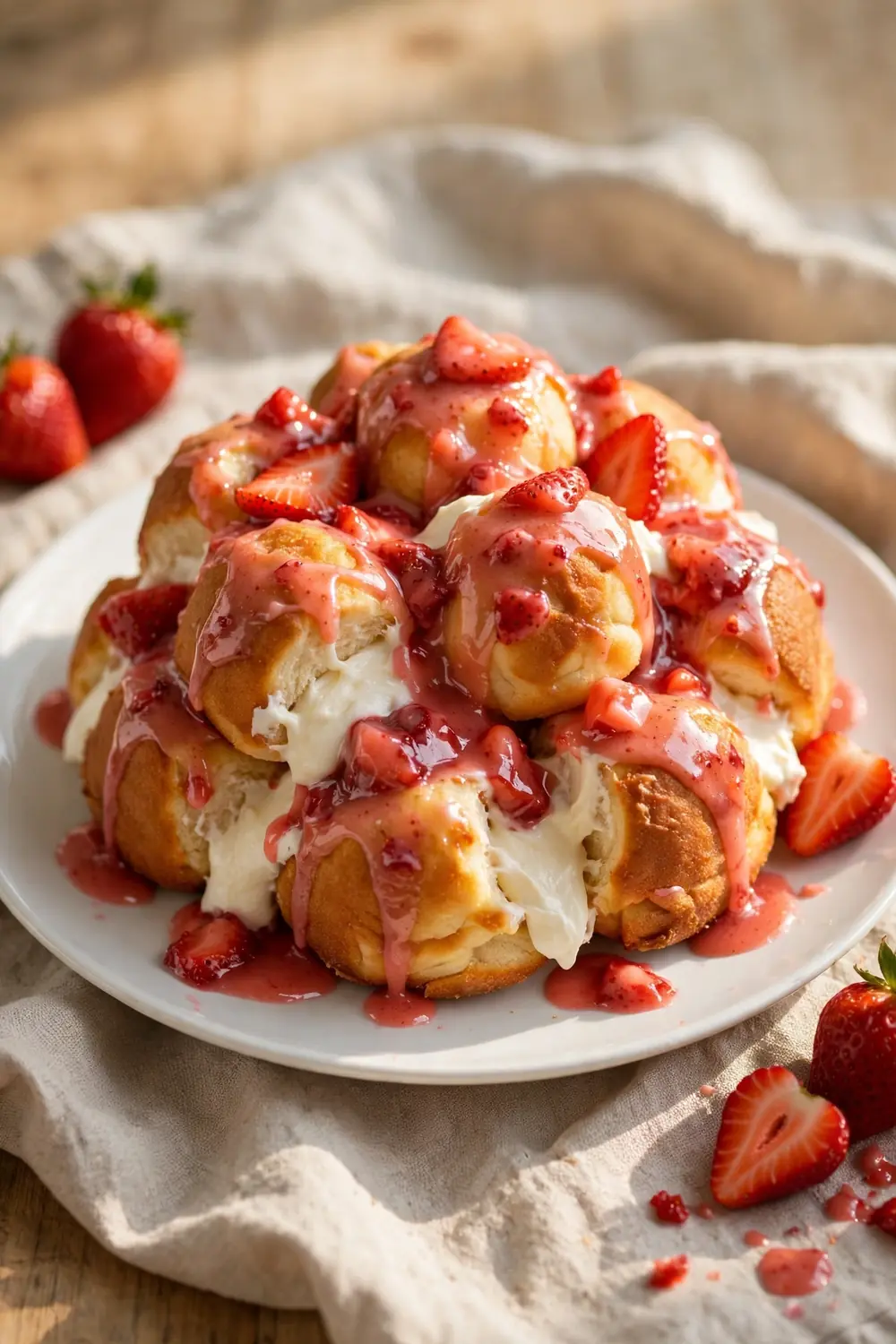 Vertical 2:3 portrait food photograph of strawberry cream cheese monkey bread on a white plate, golden pull-apart dough balls with strawberry glaze and creamy cream cheese pockets, the plate centered occupying the center 60 percent of the frame with balanced empty space around it, realistic serving and plate proportions, single focal point, warm natural light, photorealistic, no text