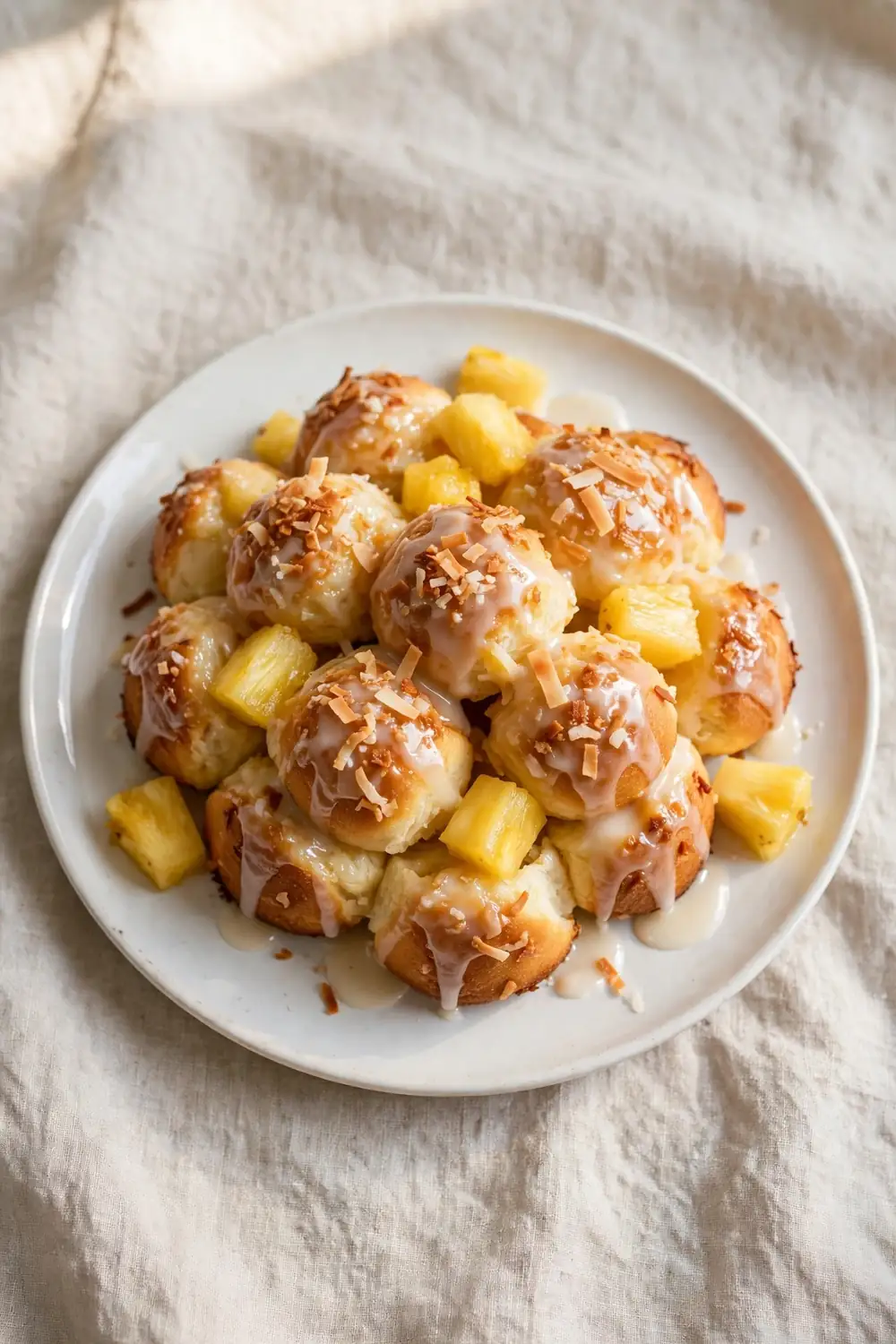 Vertical 2:3 portrait food photograph of coconut pineapple monkey bread on a white plate, golden pull-apart dough balls with toasted coconut flakes, pineapple chunks and coconut glaze, the plate centered occupying the center 60 percent of the frame with balanced empty space around it, realistic serving and plate proportions, single focal point, warm natural light, photorealistic, no text