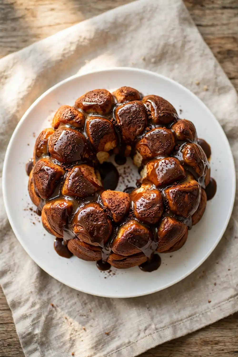Vertical 2:3 portrait food photograph of espresso mocha monkey bread on a white plate, dark golden pull-apart dough balls with cocoa sugar and coffee glaze, the plate centered occupying the center 60 percent of the frame with balanced empty space around it, realistic serving and plate proportions, single focal point, warm natural light, photorealistic, no text