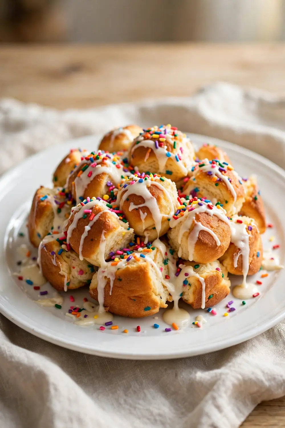 Vertical 2:3 portrait food photograph of birthday cake funfetti monkey bread on a white plate, golden pull-apart dough balls with rainbow sprinkles and vanilla frosting drizzle, the plate centered occupying the center 60 percent of the frame with balanced empty space around it, realistic serving and plate proportions, single focal point, warm natural light, photorealistic, no text