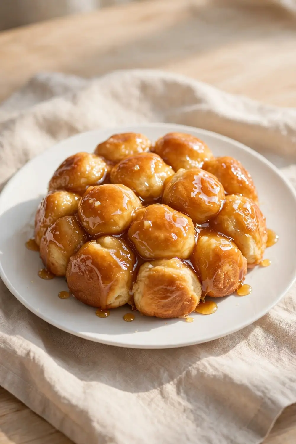 Vertical 2:3 portrait food photograph of honey butter monkey bread on a white plate, golden glossy pull-apart dough balls with honey butter glaze, the plate centered occupying the center 60 percent of the frame with balanced empty space around it, realistic serving and plate proportions, single focal point, warm natural light, photorealistic, no text