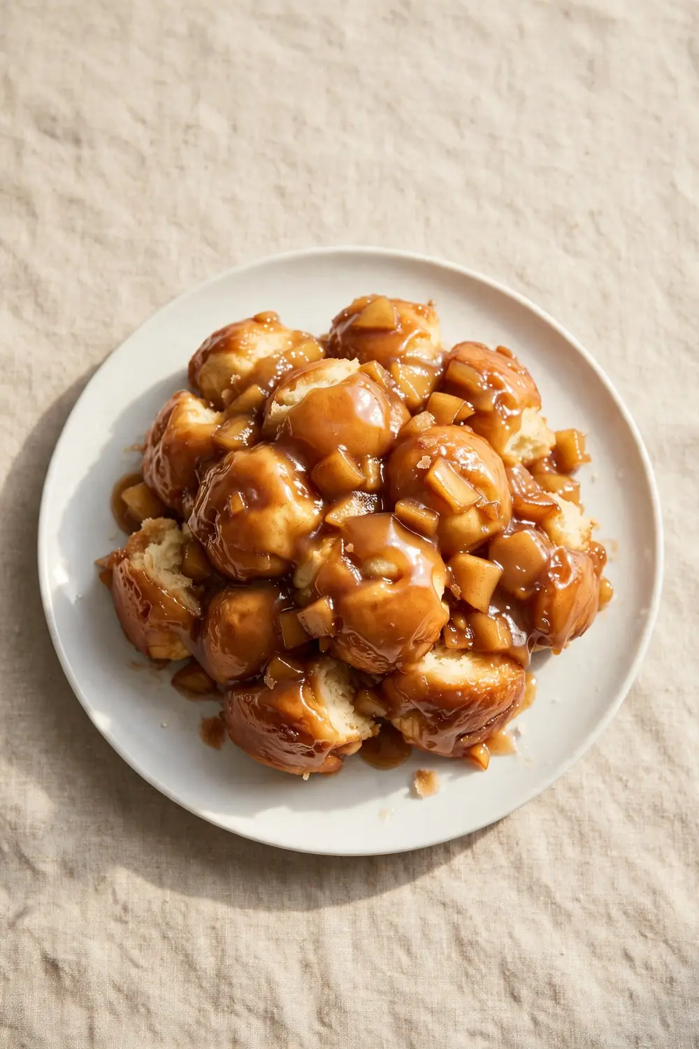 Vertical 2:3 portrait food photograph of apple cider glaze monkey bread on a white plate, golden pull-apart dough balls with tangy caramelized apple cider glaze, the plate centered occupying the center 60 percent of the frame with balanced empty space around it, realistic serving and plate proportions, single focal point, warm natural light, photorealistic, no text