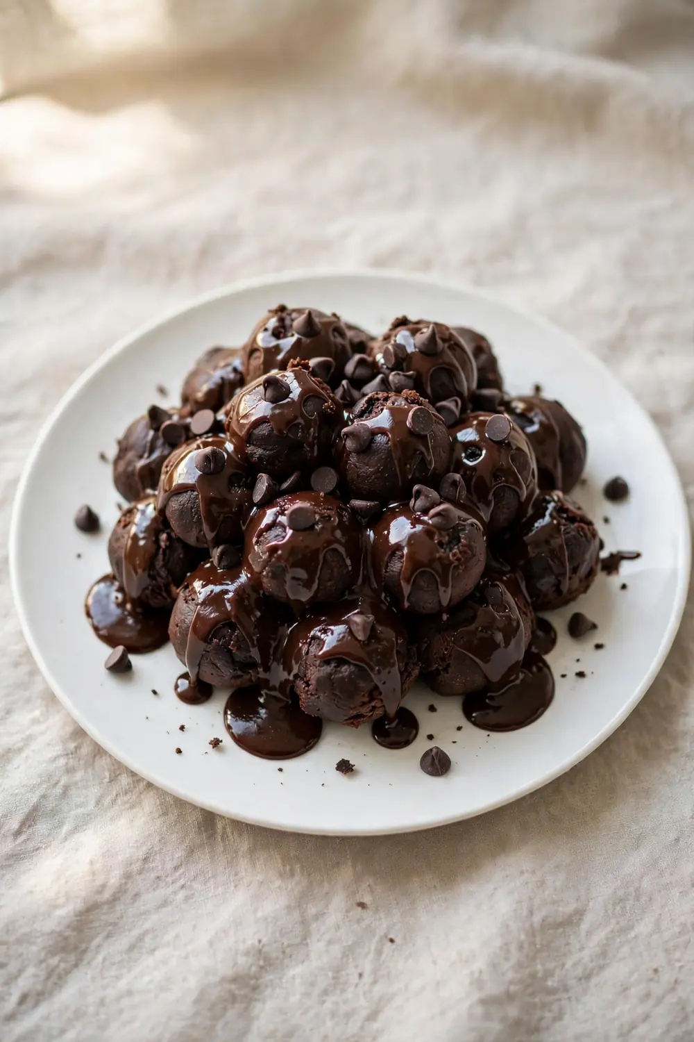 Vertical 2:3 portrait food photograph of midnight chocolate fudge monkey bread on a white plate, dark cocoa pull-apart dough balls with thick glossy fudge sauce and chocolate chips, the plate centered occupying the center 60 percent of the frame with balanced empty space around it, realistic serving and plate proportions, single focal point, warm natural light, photorealistic, no text