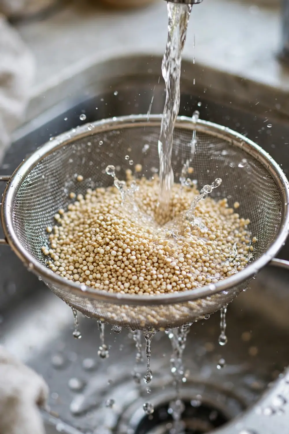 Quinoa being rinsed in a fine mesh sieve under running water