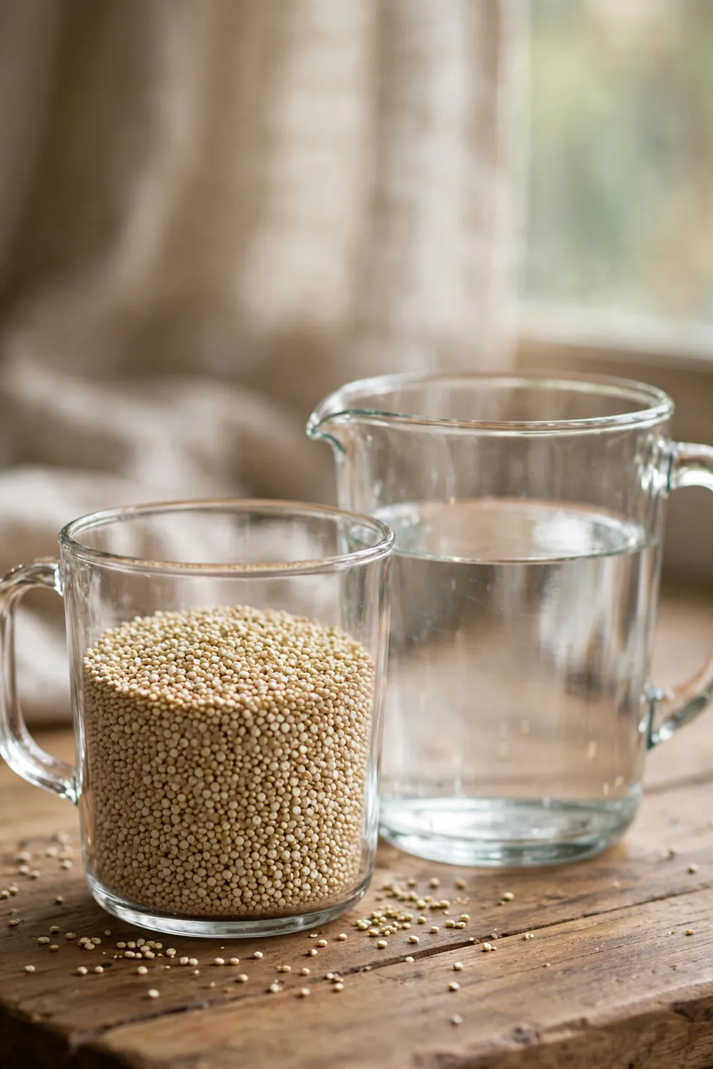 Dry quinoa in a measuring cup beside a jug of water