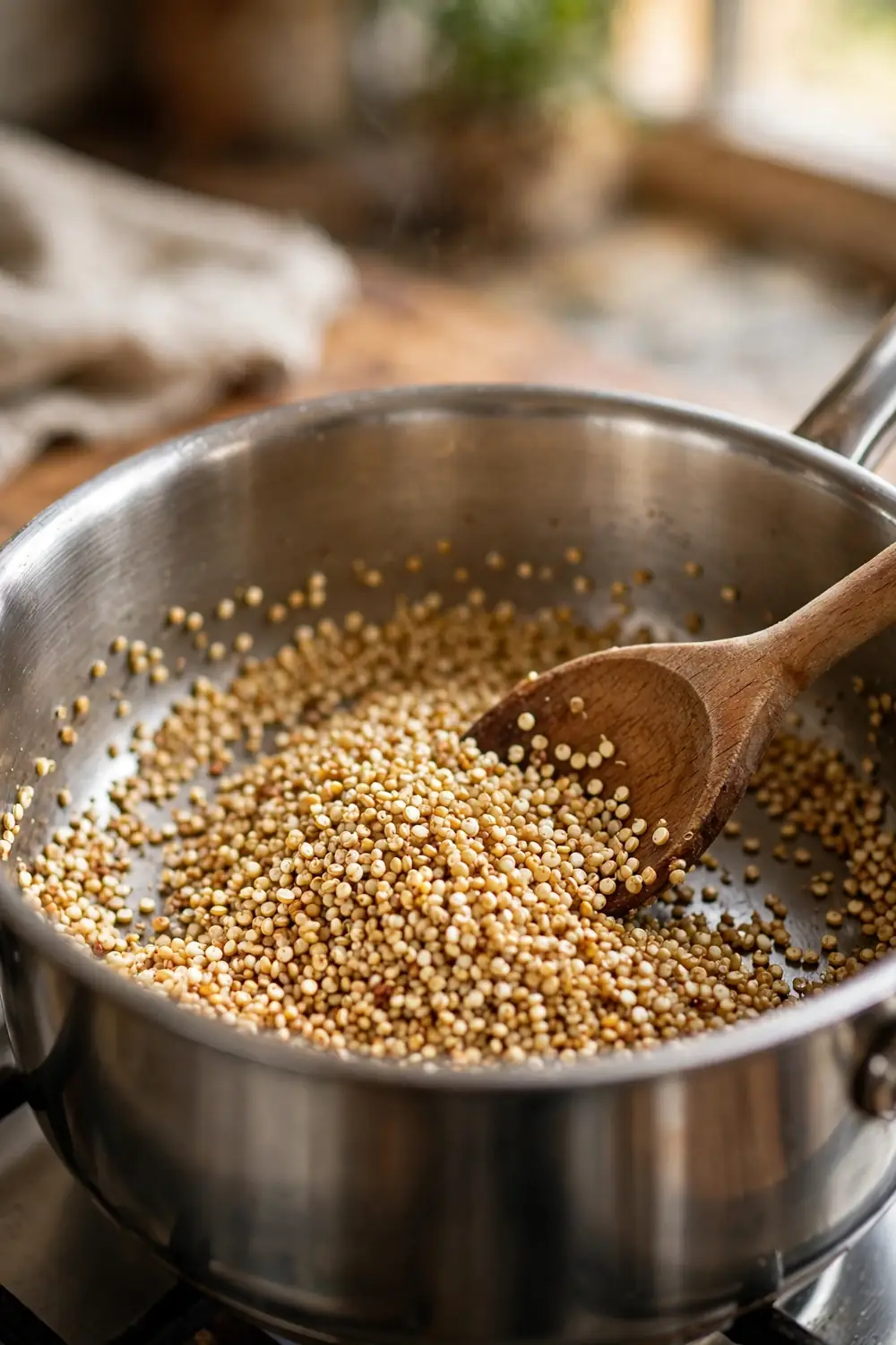 Quinoa toasting in a dry saucepan turning light golden