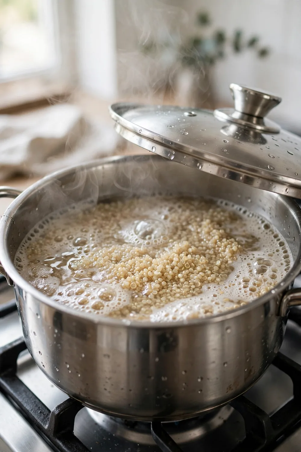 Pot of quinoa at a gentle simmer with the lid ajar