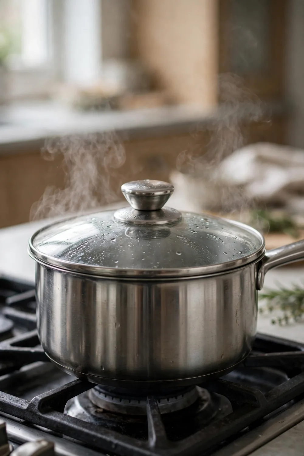 Covered saucepan with lid on while quinoa cooks