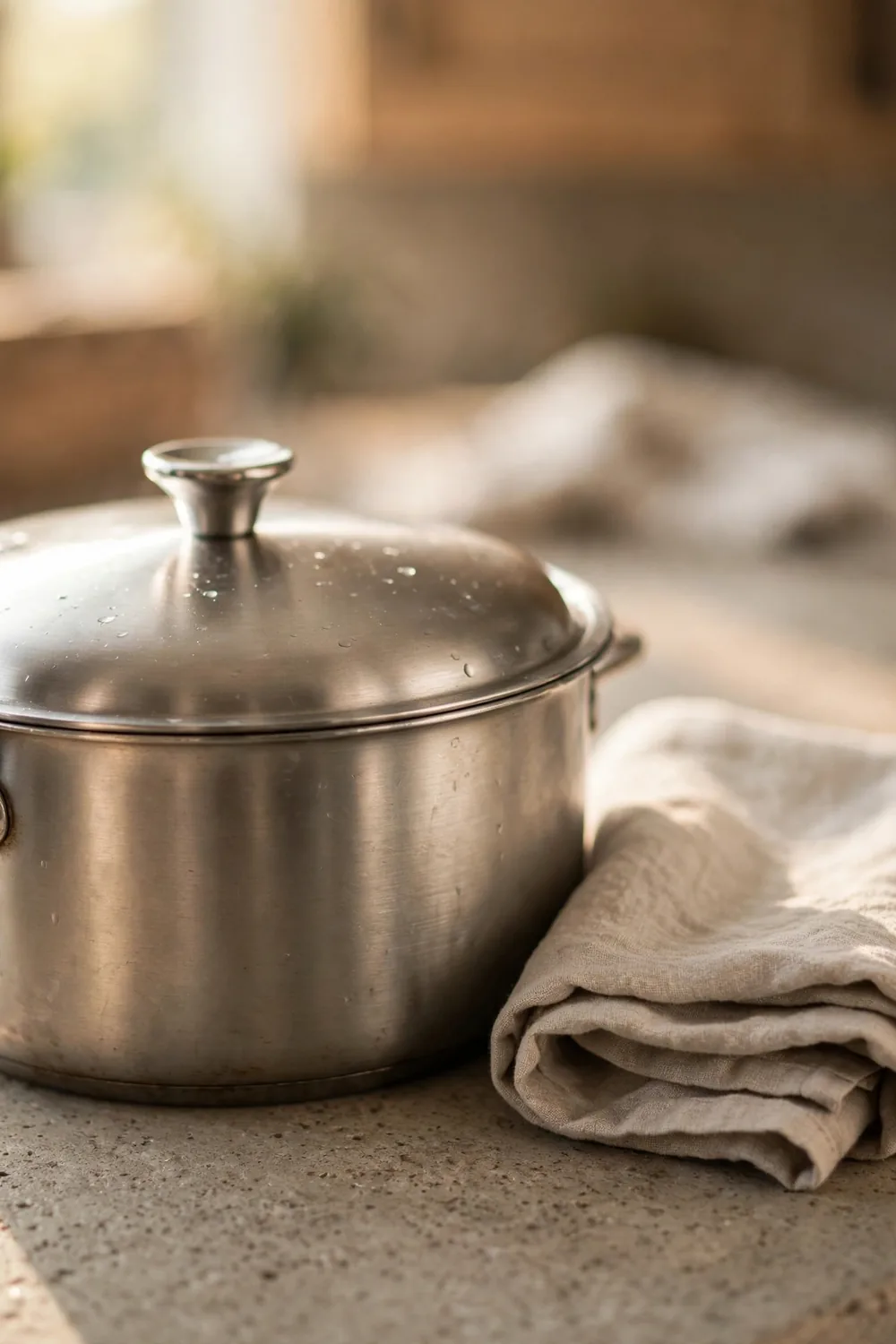 Covered pot of cooked quinoa resting on a counter