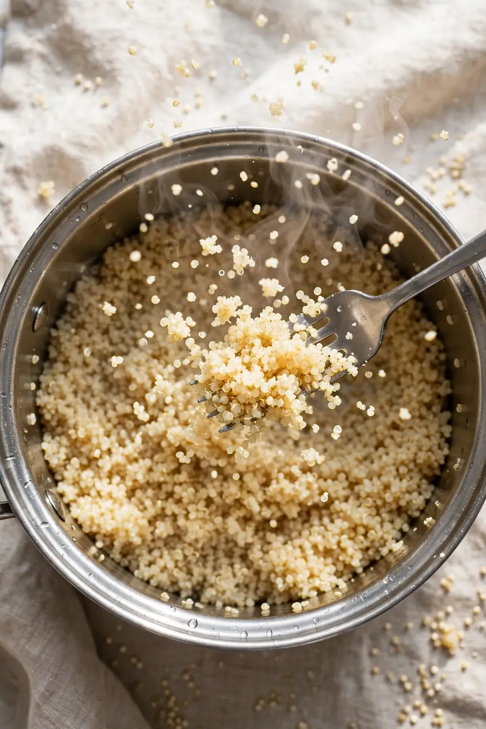 Fork fluffing cooked quinoa in an open pot