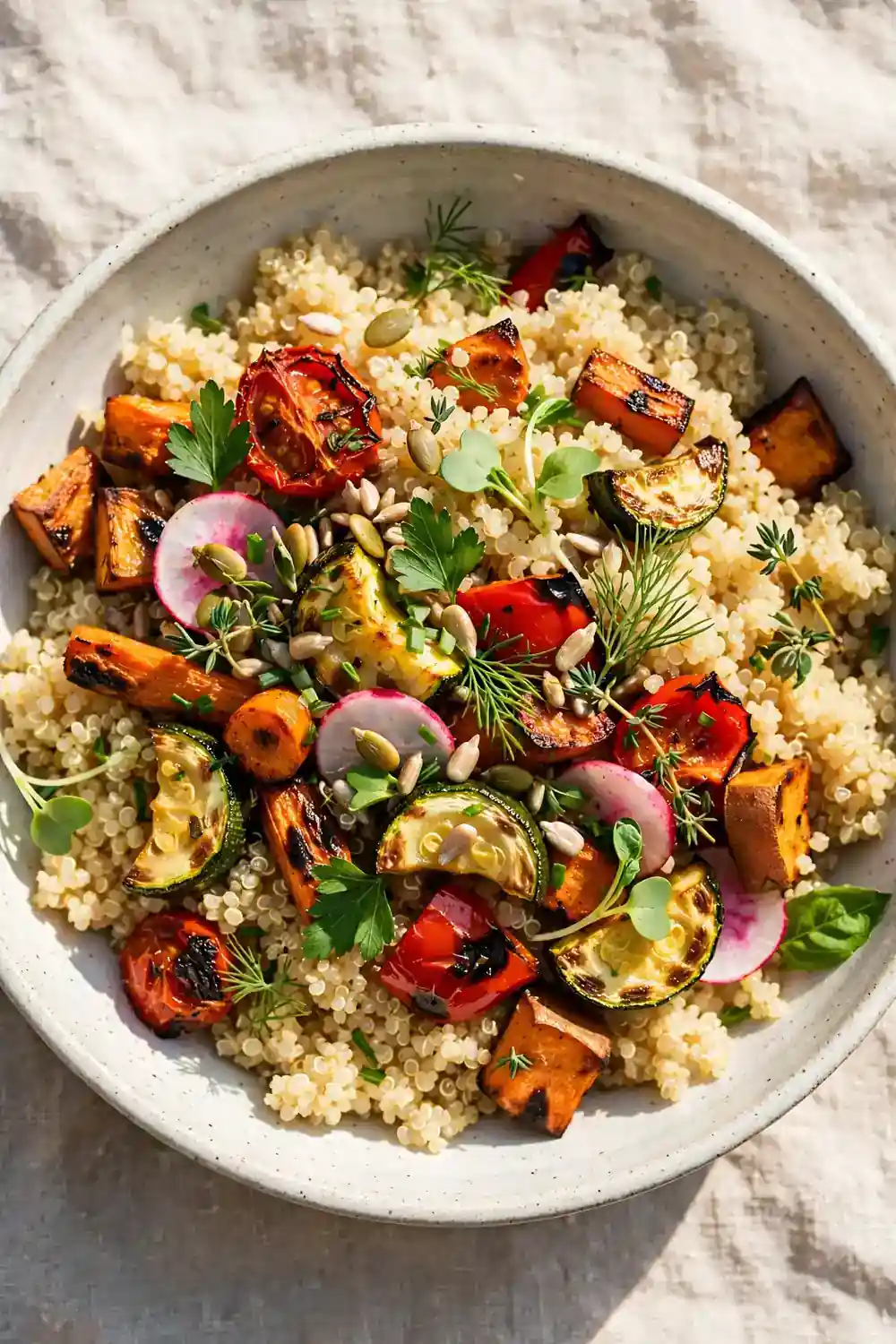 Fluffy quinoa served in a bowl with roasted vegetables