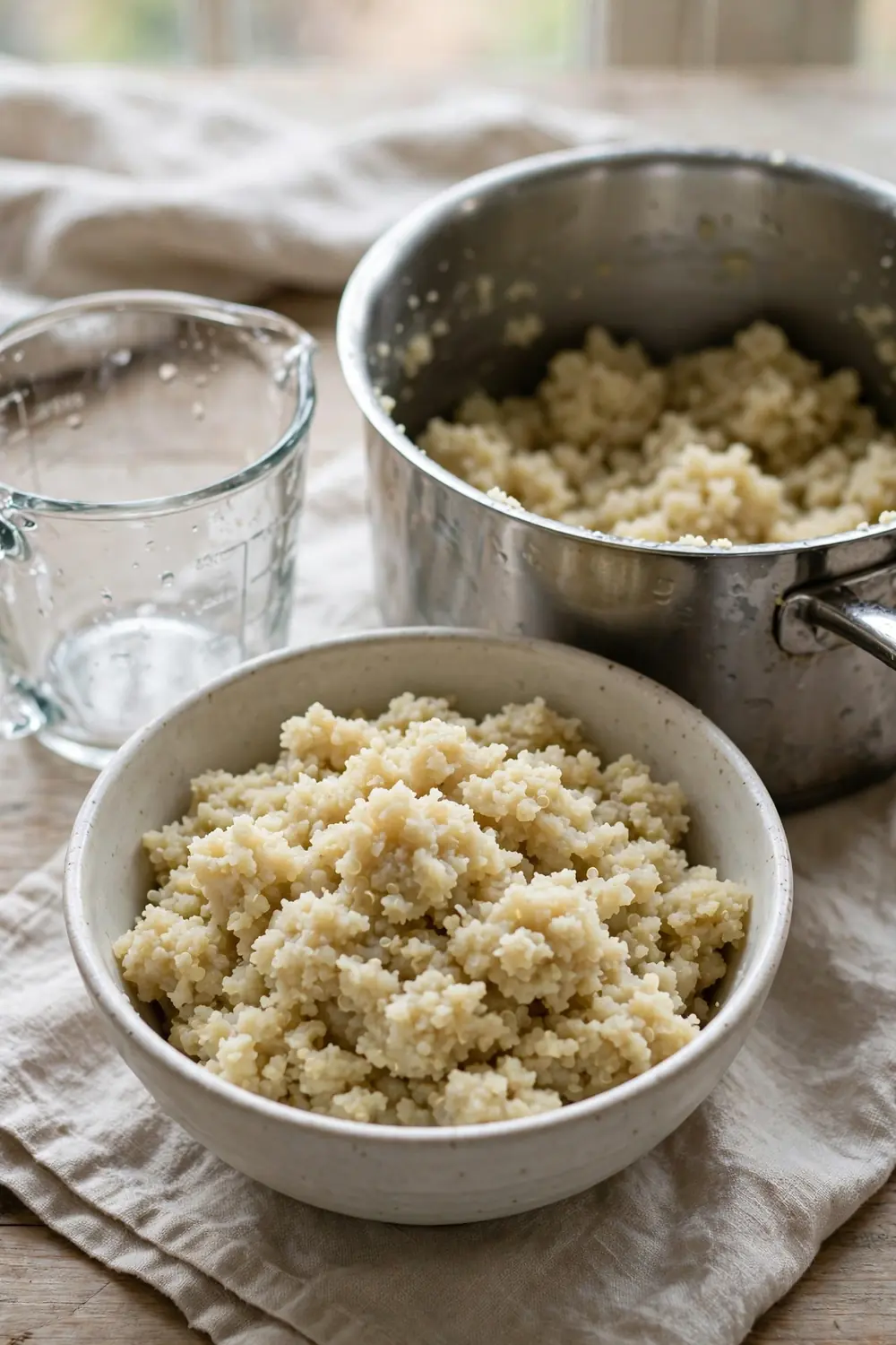 Overcooked mushy quinoa in a bowl beside a pot and measuring cup