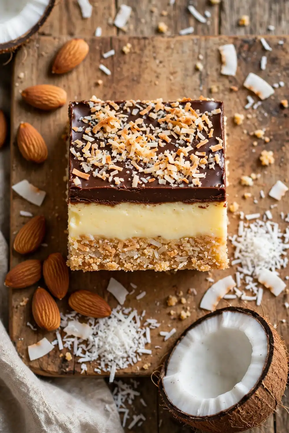 Coconut almond Nanaimo bar square with toasted coconut and almonds
