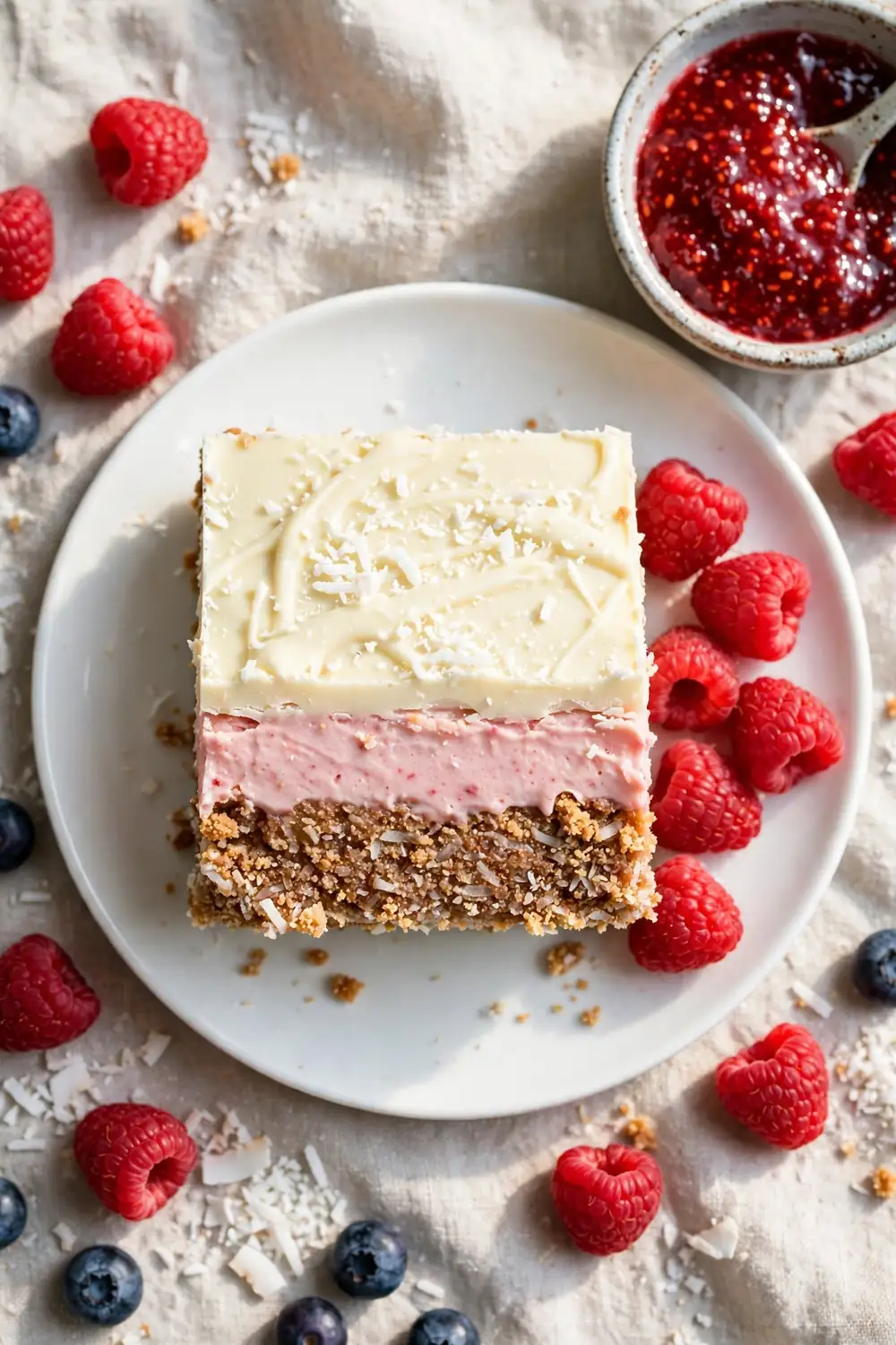 White chocolate raspberry Nanaimo bar square with pink custard