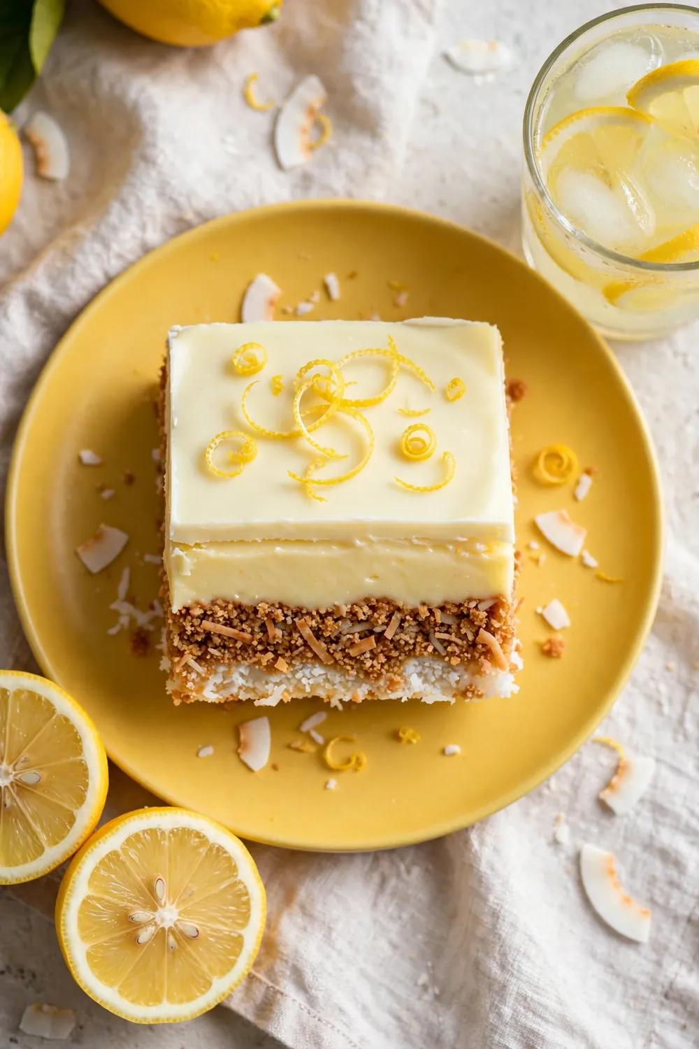 Lemon Nanaimo bar square with lemon zest and white chocolate top