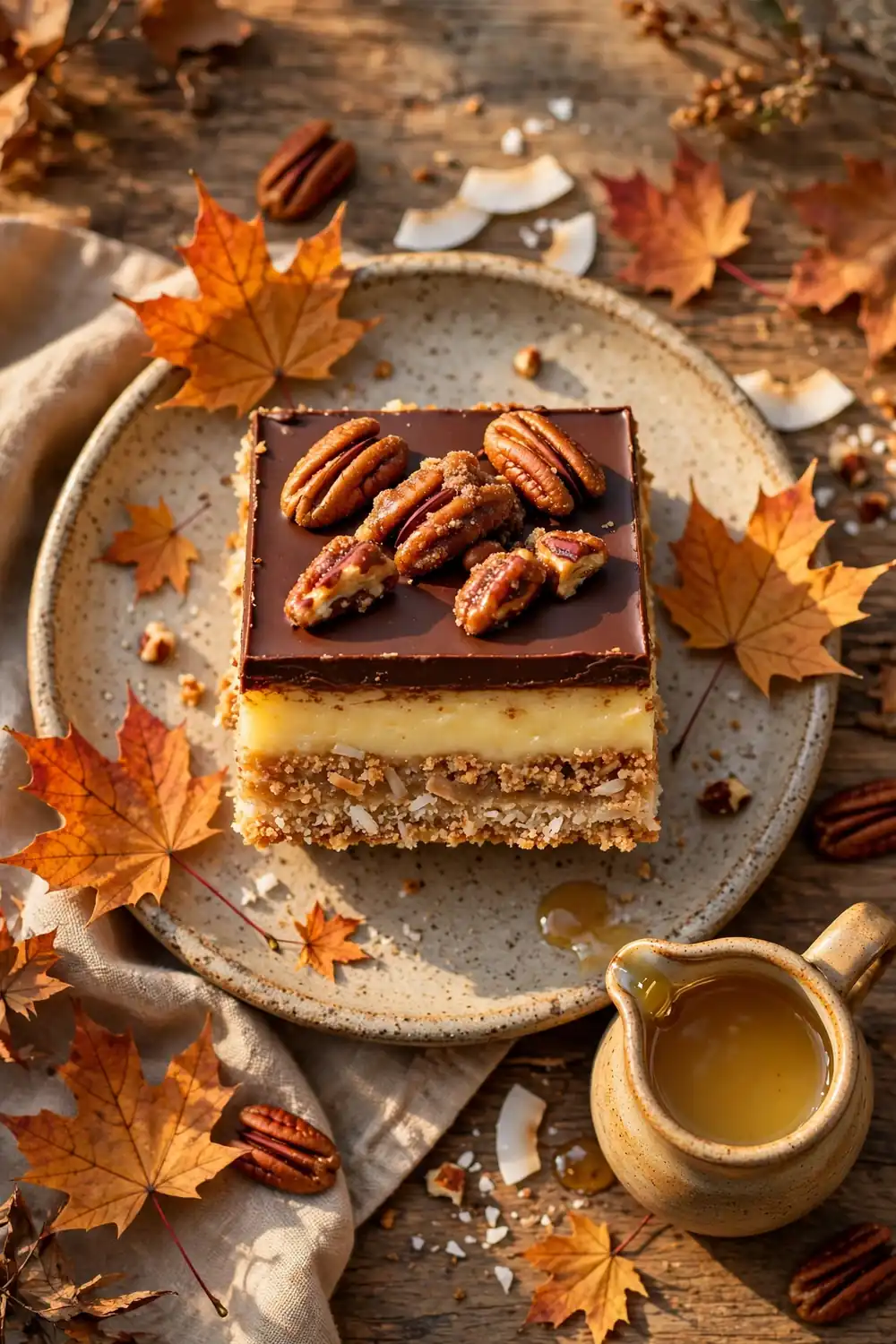 Maple pecan Nanaimo bar square with candied pecans