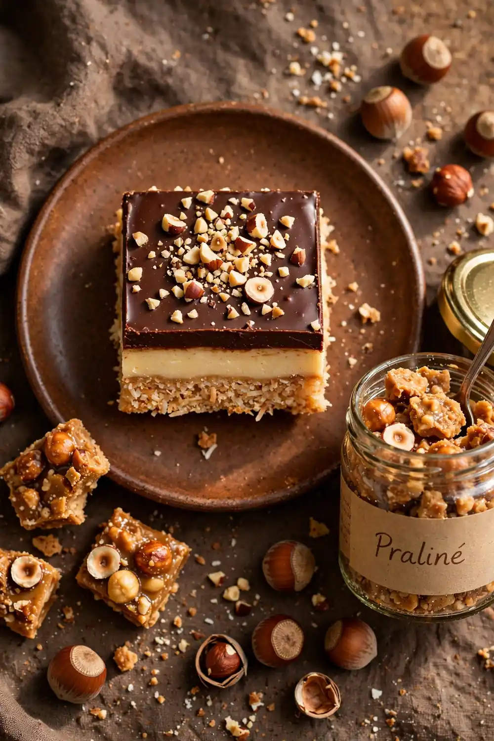 Hazelnut praline Nanaimo bar square with chopped hazelnuts