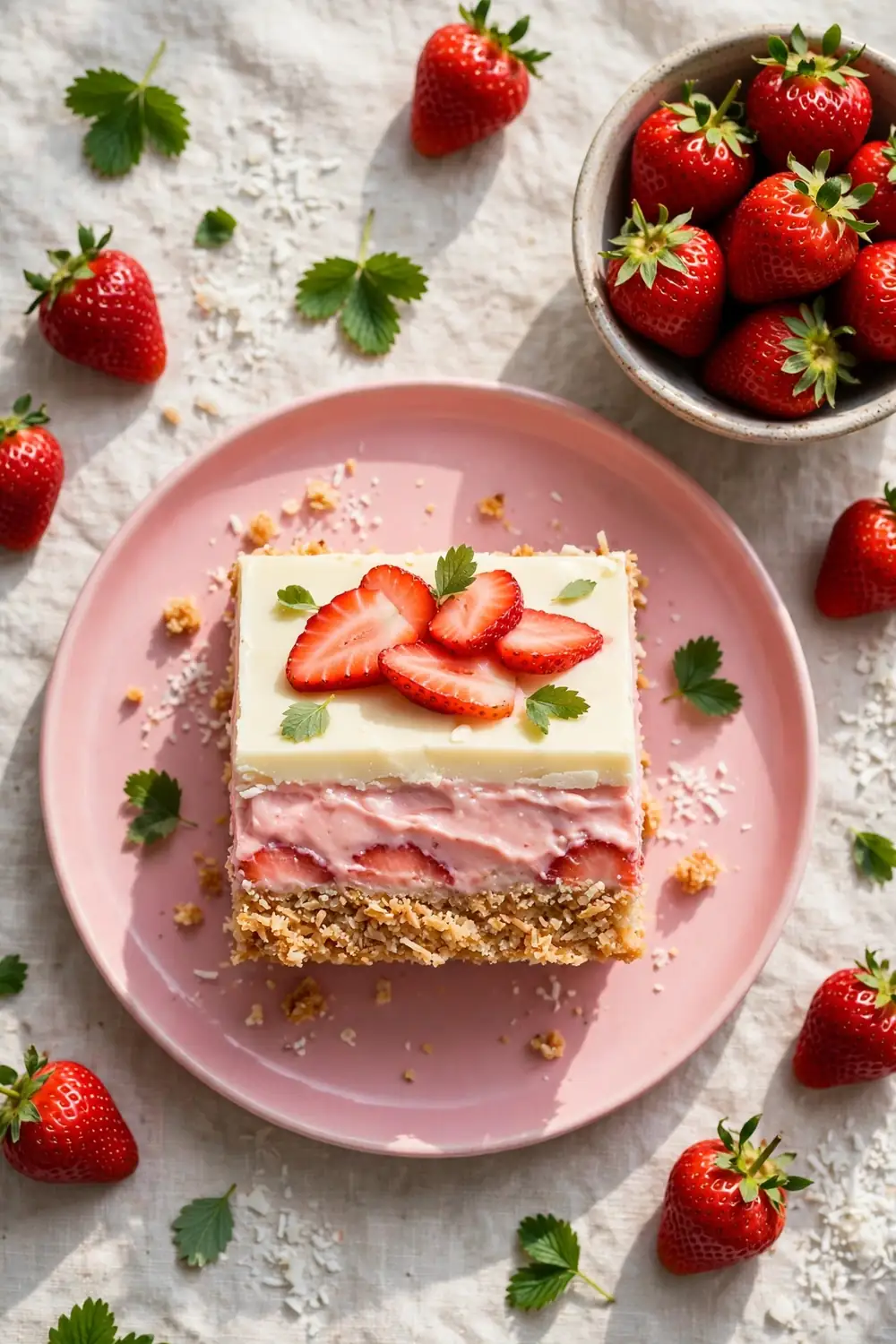 Strawberry cream Nanaimo bar square with fresh strawberries