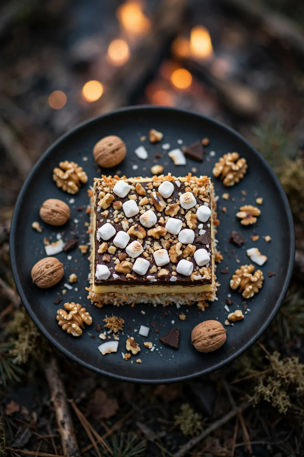 Rocky road Nanaimo bar square with marshmallows and walnuts