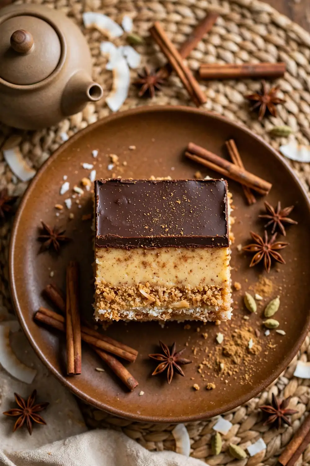 Chai spiced Nanaimo bar square with cinnamon and star anise