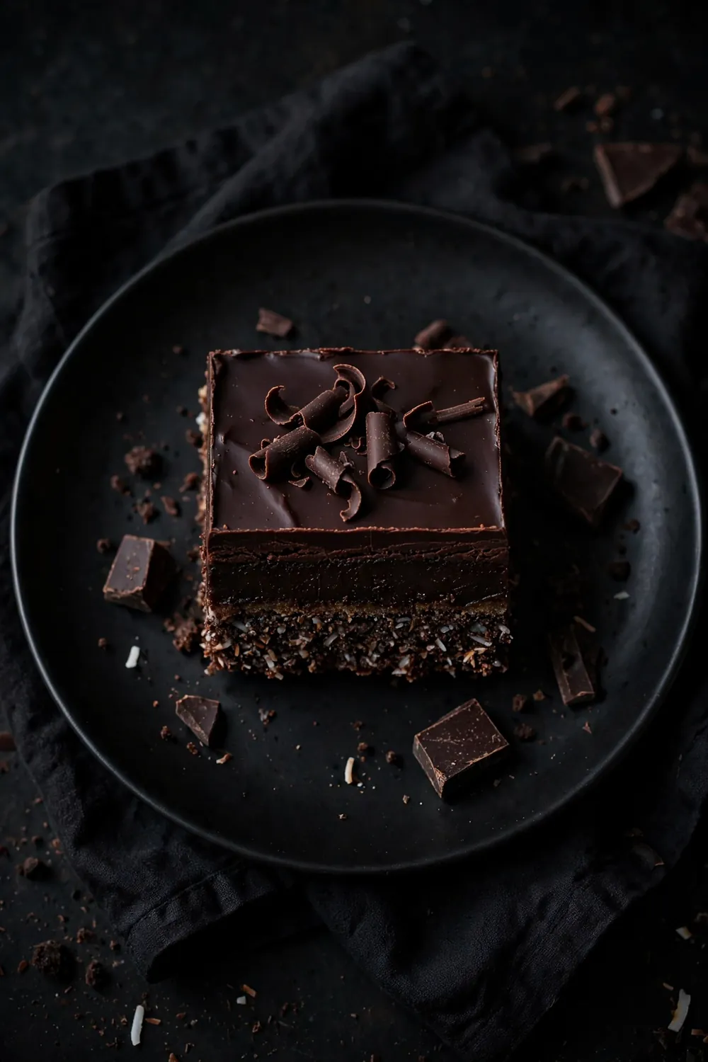 Midnight blackout Nanaimo bar square with chocolate curls