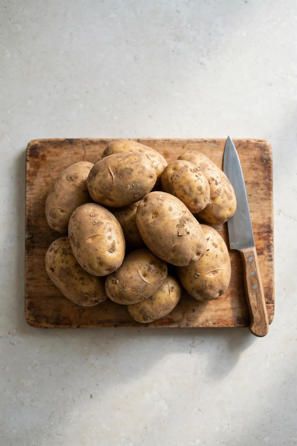 Floury russet potatoes piled on a wooden board beside a knife
