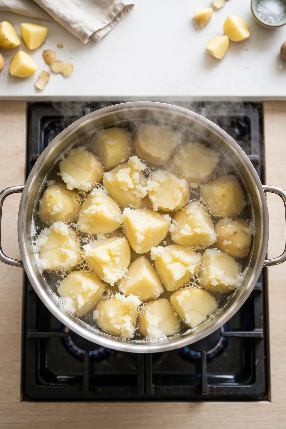 Potato chunks parboiling in a pot of bubbling water with fluffed edges
