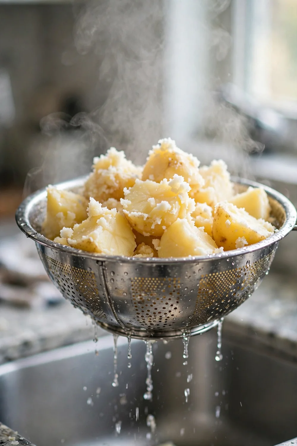 Parboiled potato chunks draining in a colander with steam rising