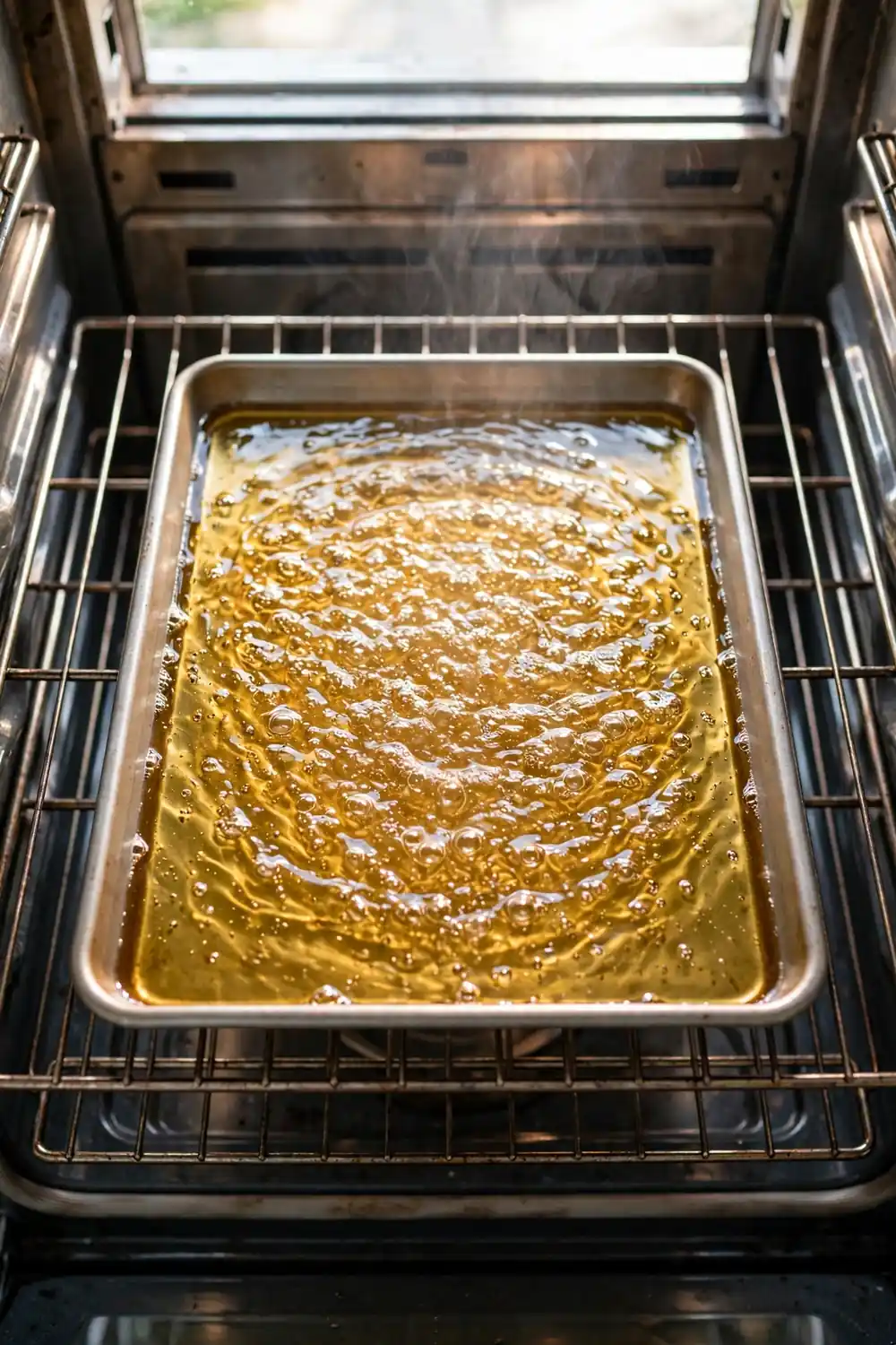 Baking tray of hot shimmering oil heating in an oven