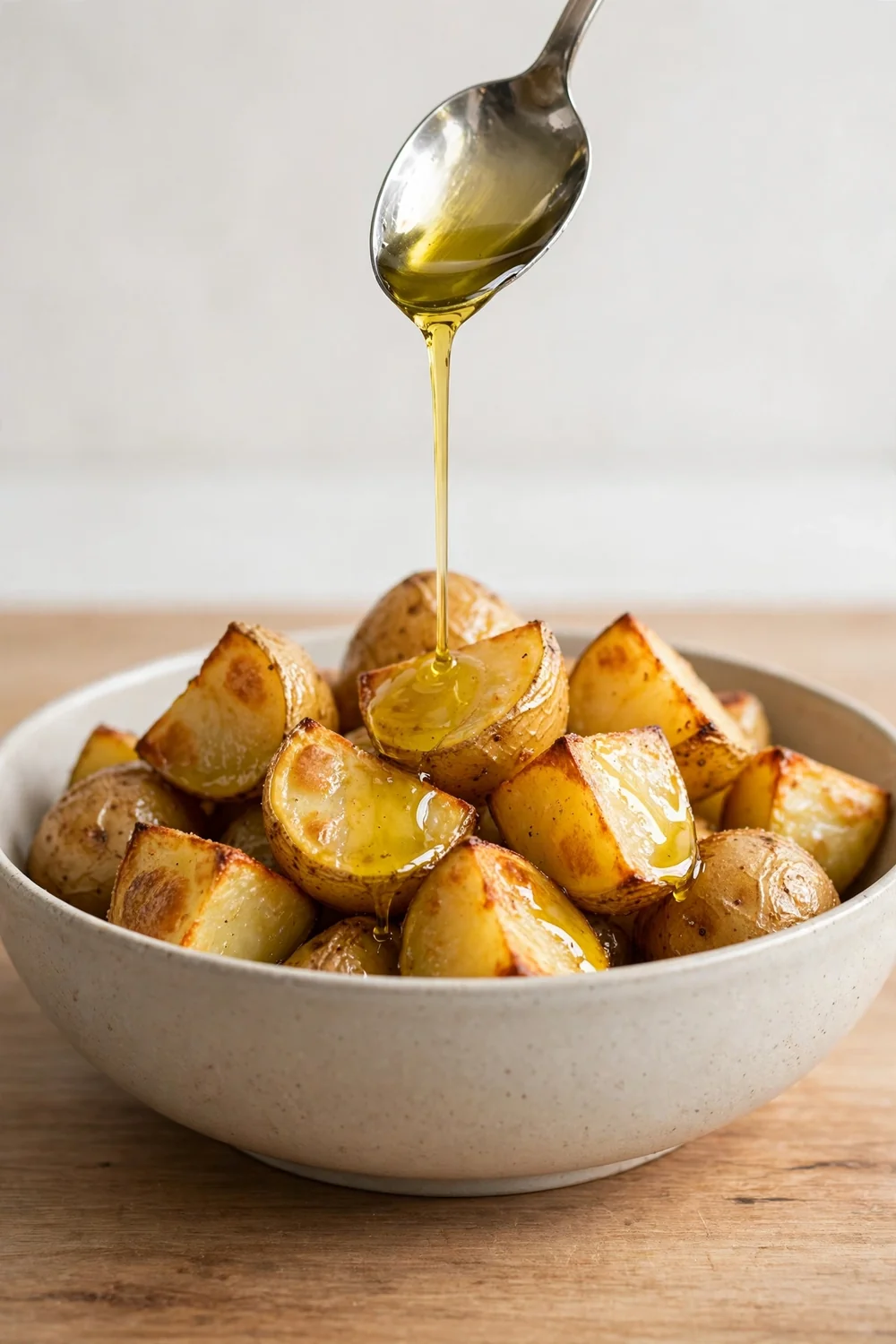 Golden oil drizzled over potato chunks in a large bowl