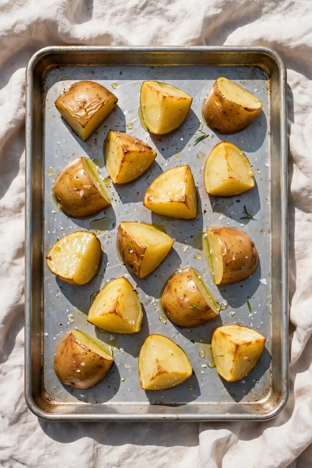 Potato chunks spread in a single layer on a large baking tray