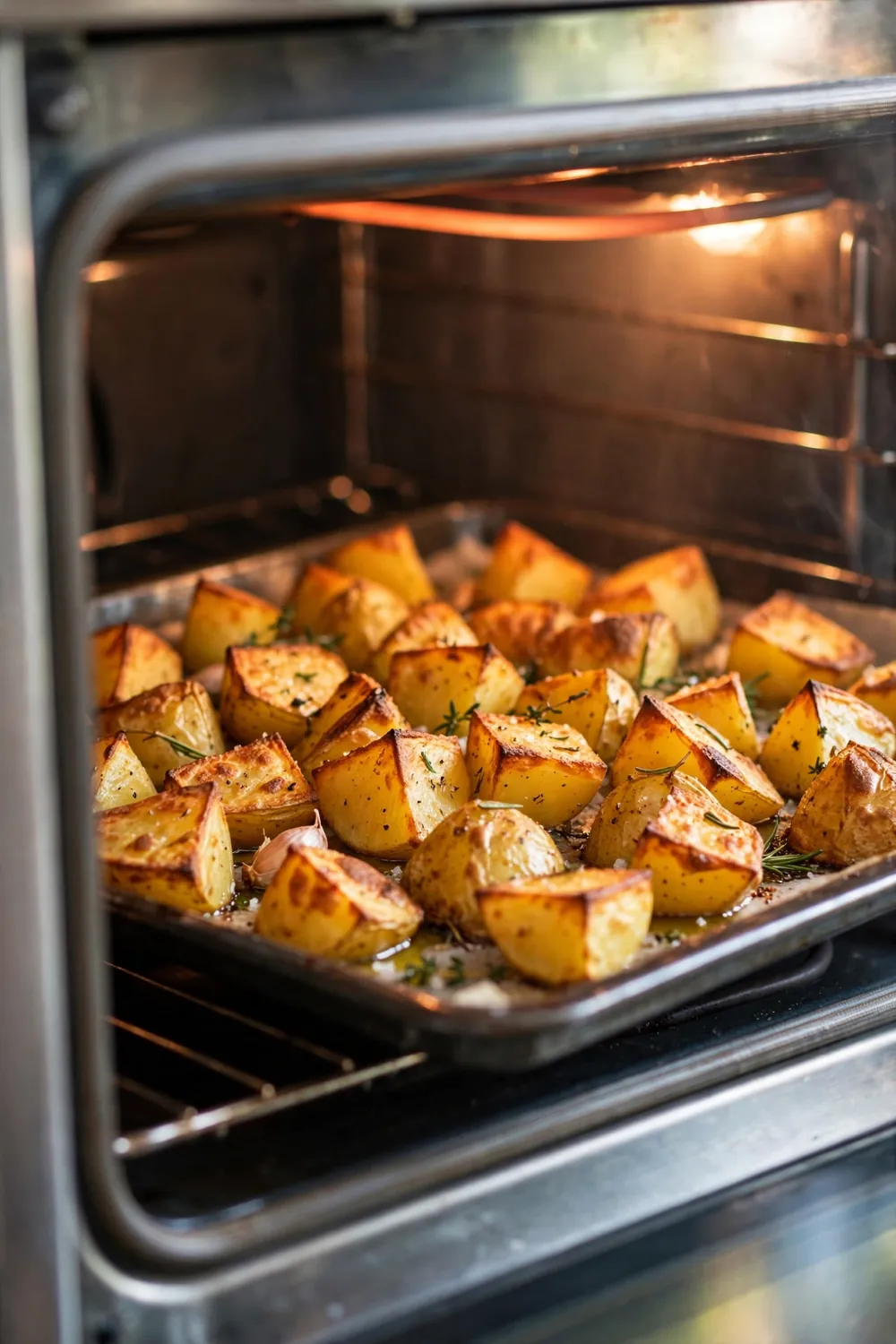 Golden potato chunks roasting on a tray inside a hot oven