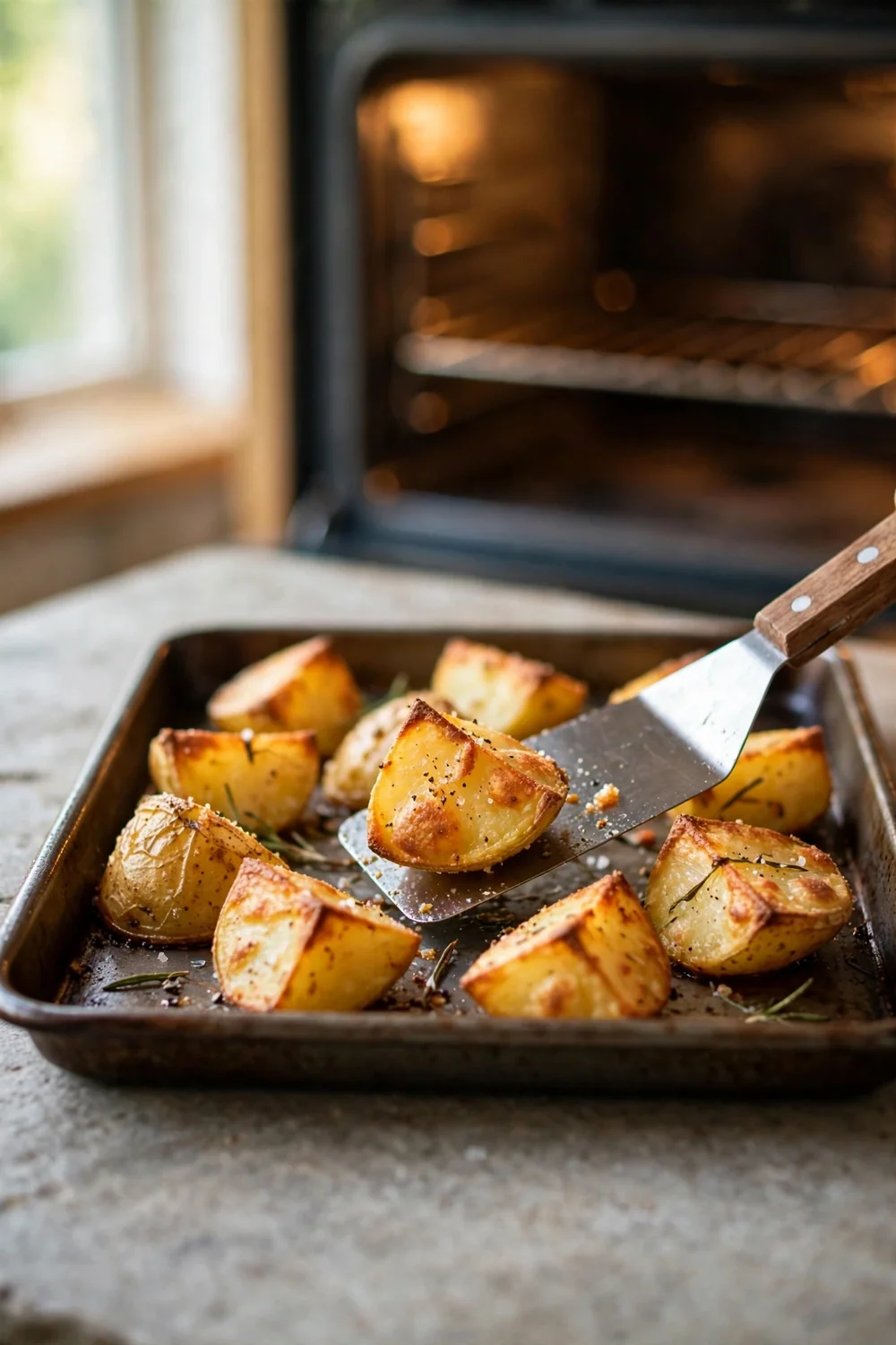Spatula turning a golden roast potato chunk on a baking tray