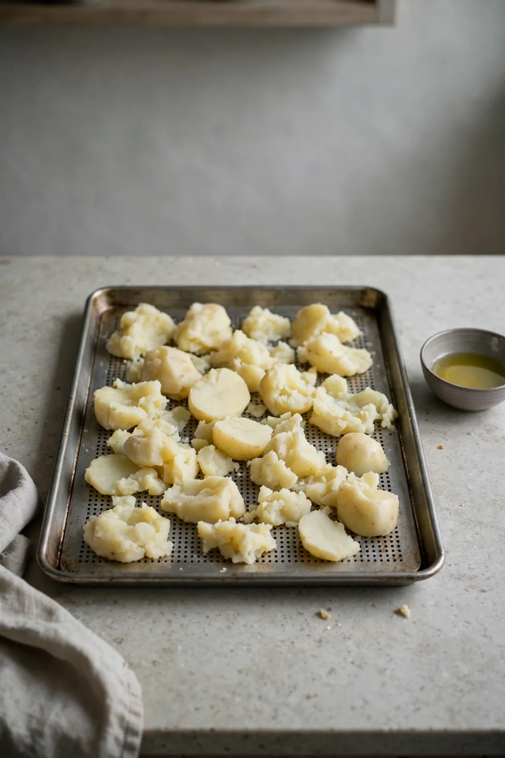 Pale limp roast potatoes on a tray beside oil and a crowded pan