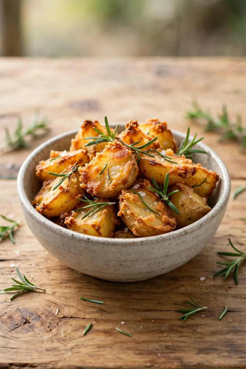 Deep golden crispy roast potatoes with crunchy edges in a bowl