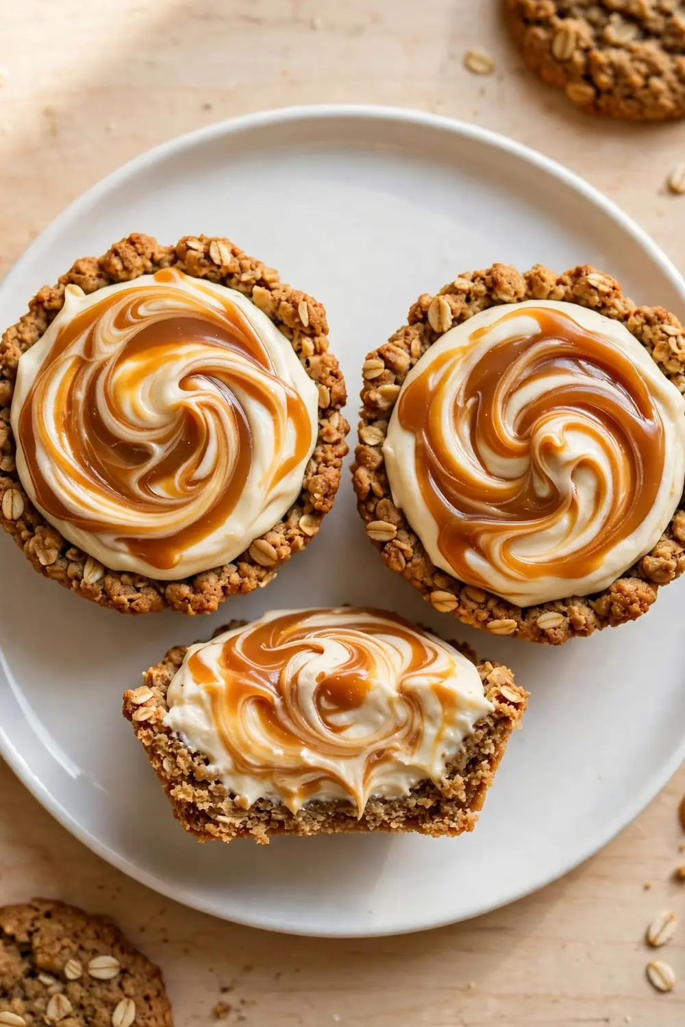 Oatmeal cookie sandwich pie with maple caramel swirl marbled over cream filling on a white plate