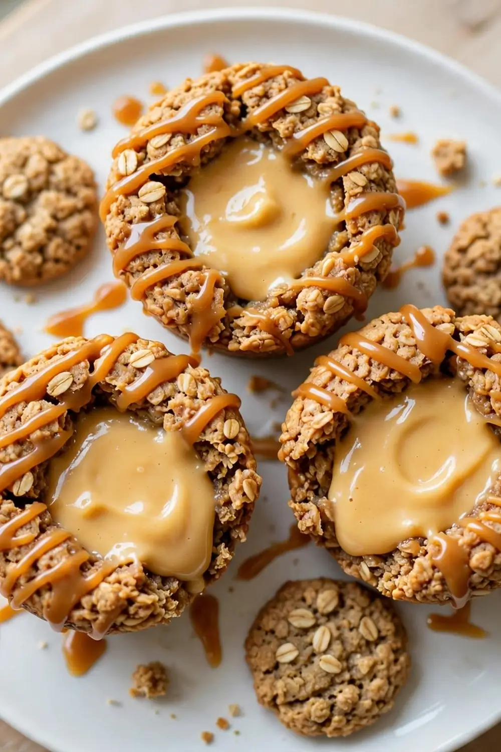 Oatmeal cookie sandwich pie with butterscotch cream center and caramel drizzle on a white plate