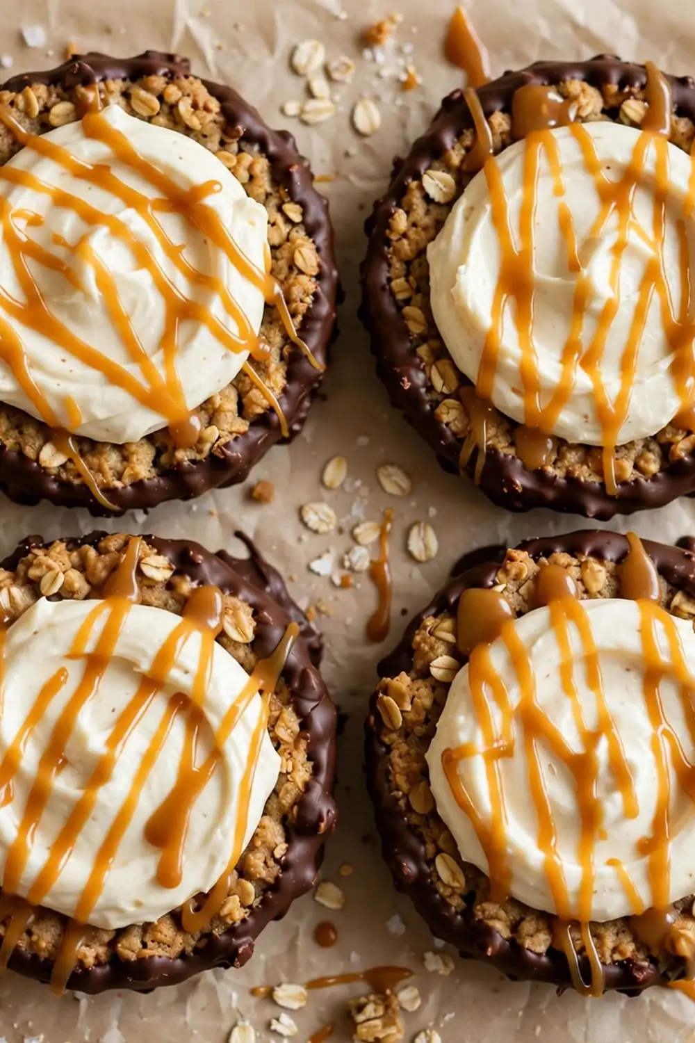 Oatmeal cookie sandwich pie with chocolate dipped edges and caramel drizzle on parchment