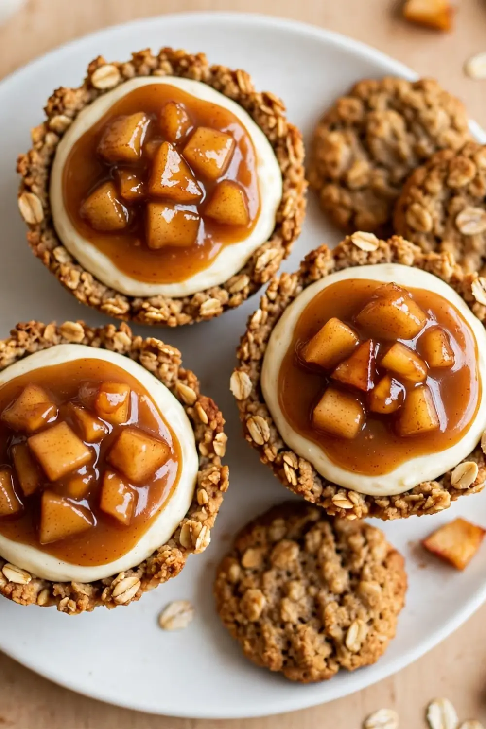 Oatmeal cookie sandwich pie with spiced apple caramel filling and cinnamon on a white plate