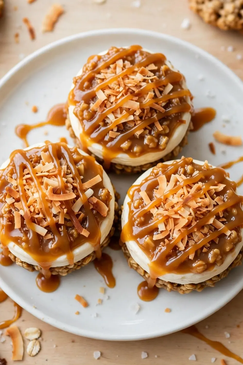 Oatmeal cookie sandwich pie with toasted coconut caramel layer and cream filling on a white plate