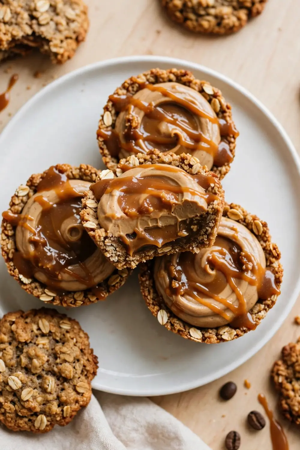 Oatmeal cookie sandwich pie with espresso caramel filling and coffee beans beside it on a white plate